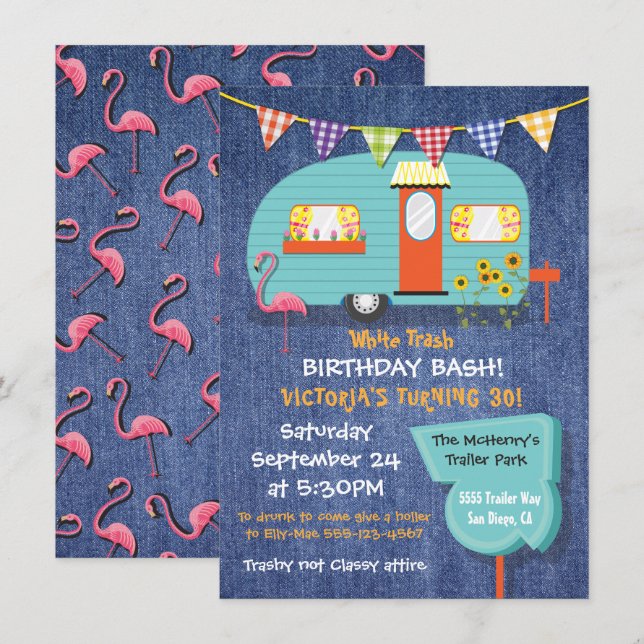 Invitation White Trash Anniversaire de la fête de bastion (Devant / Derrière)