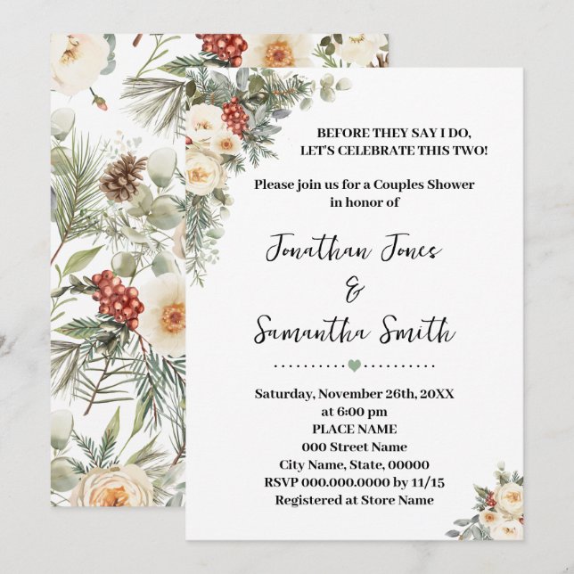 Invitation White Winter Flowers Couples Wedding Shower (Devant / Derrière)