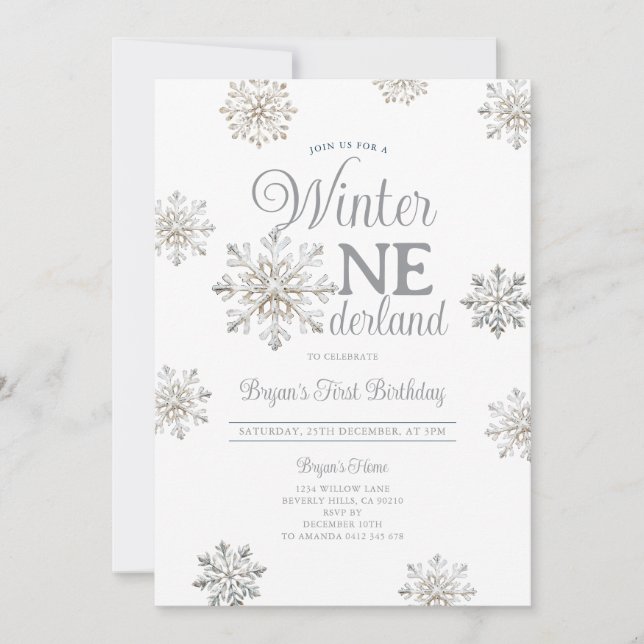 Invitation White Winter Onederland Silver Snowflakes Birthday (Devant)