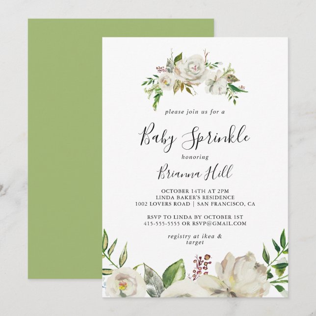 Invitation White Winter Peony Floral Baby Sprinkel (Devant / Derrière)