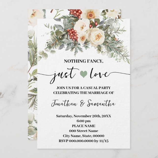 Invitation White Winter Wedding Nothing Fancy Just Love  (Devant / Derrière)