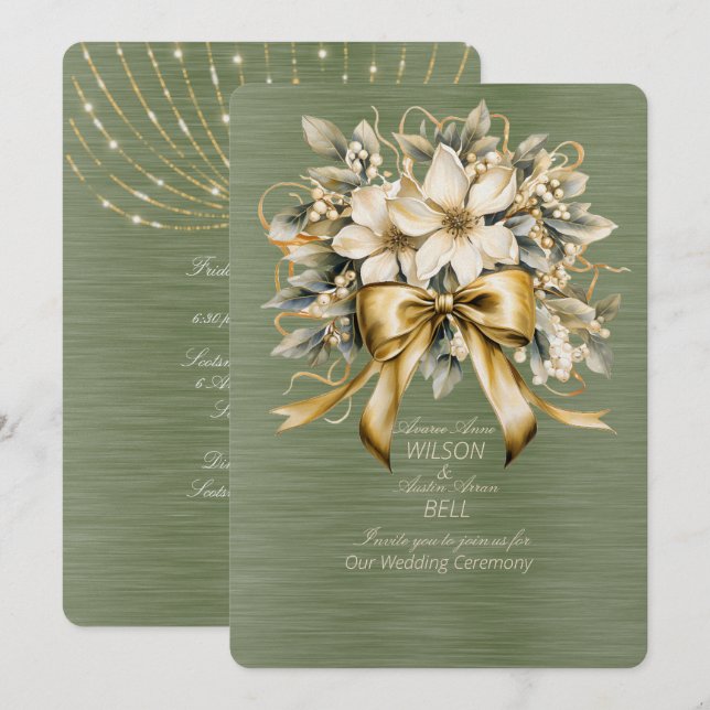 Invitation White Winterberry Green Leaf Gold Ribon Noël (Devant / Derrière)