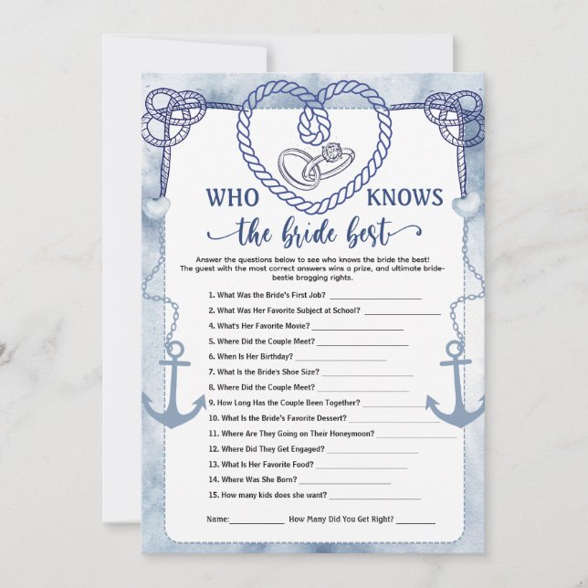 Invitation Who Knows the Bride Best Game Nautical Wedding  (Devant)