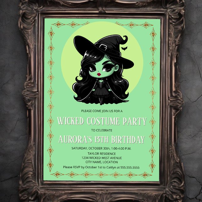 Invitation Wicked Witch Costume Party (Cute wicked little green witch invitation front view.)