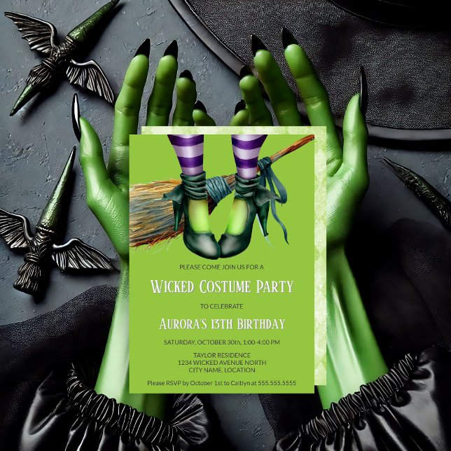 Invitation Wicked Witch Costume Party (Green wicked witch party invitation front and some back invitation view.)