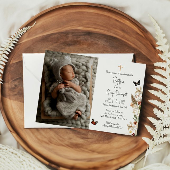 Invitation Widflowers Papillon Baptême photo personnalisée In (Créateur téléchargé)