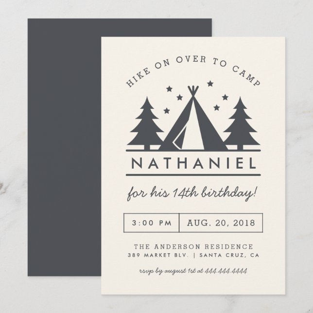 Invitation Wigwam moderne dans le Woods Birthday Camp Party (Devant / Derrière)