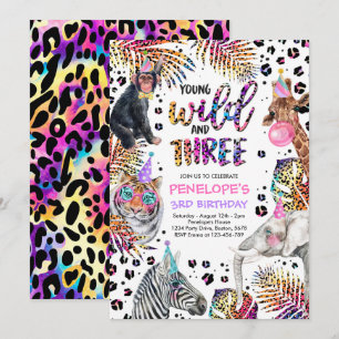 Invitation Wild And Three Safari Rainbow Cheetah 3e anniversa