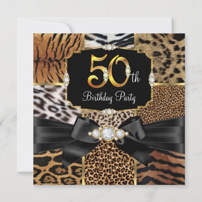 Invitation Wild Animal Gold noir Diamond 50e fête d'anniversa (Devant)
