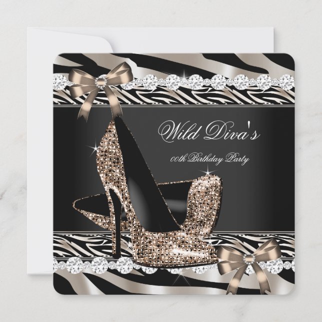 Invitation Wild Diva Zebra Beige High Talons Anniversaire (Devant)