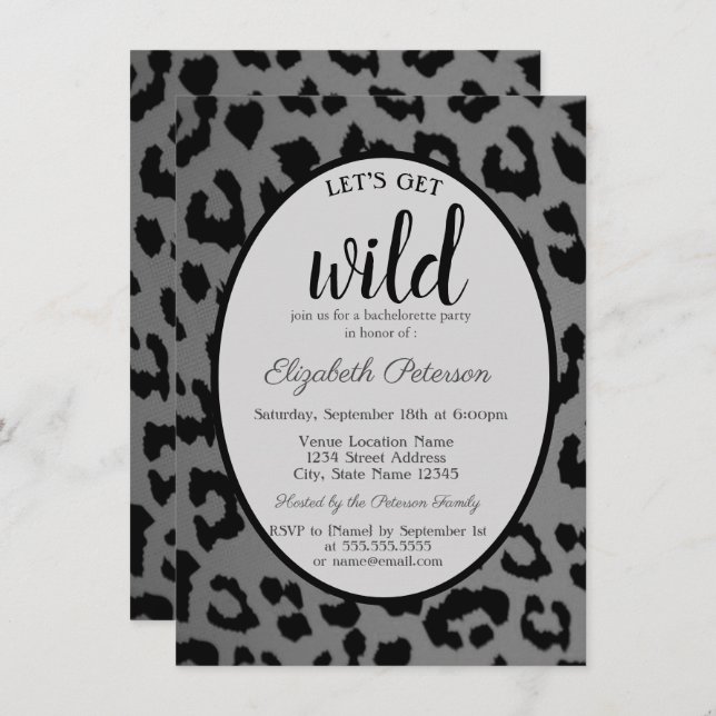 Invitation Wild, Empreinte de léopard gris Bachelorette (Devant / Derrière)