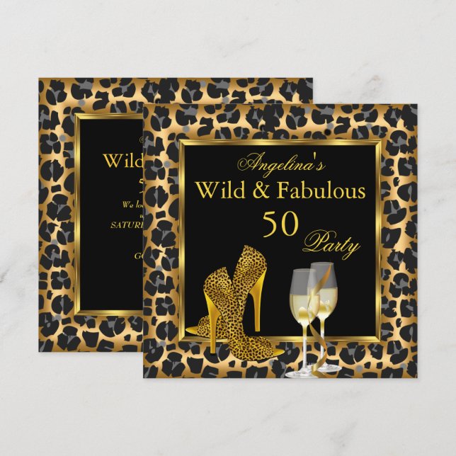 Invitation Wild & Fabial Gold Leopard High Heels Anniversaire (Devant / Derrière)