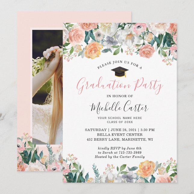 Invitation Wild Garden Roses Floral Photo Graduation Party (Devant / Derrière)