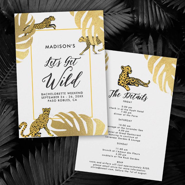 Invitation Wild Jungle Cheetah Gold Bachelorette Itinéraire (lets get wild safari jungle bachelorette itinerary invitation cheetah frame gold leaf elegant modern)