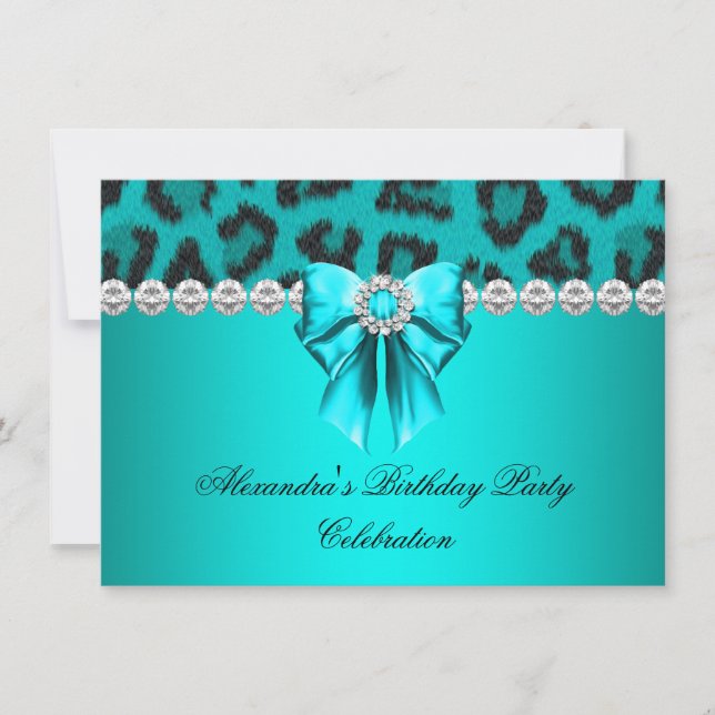 Invitation Wild Leopard Turquoise Bow Diamonds fête d'anniver (Devant)