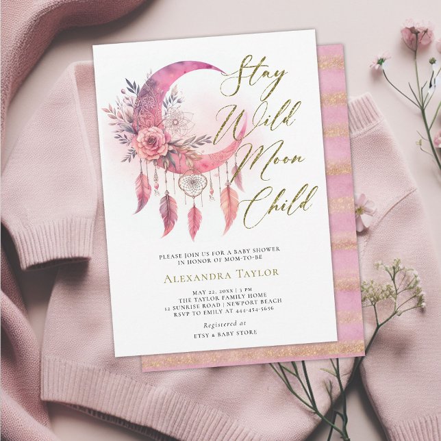 Invitation Wild Moon enfant Boho Dreamcatcher bébé fille douc (wild moon child baby girl shower invitation pink boho dreamcatcher gold glitter elegant bohemian)