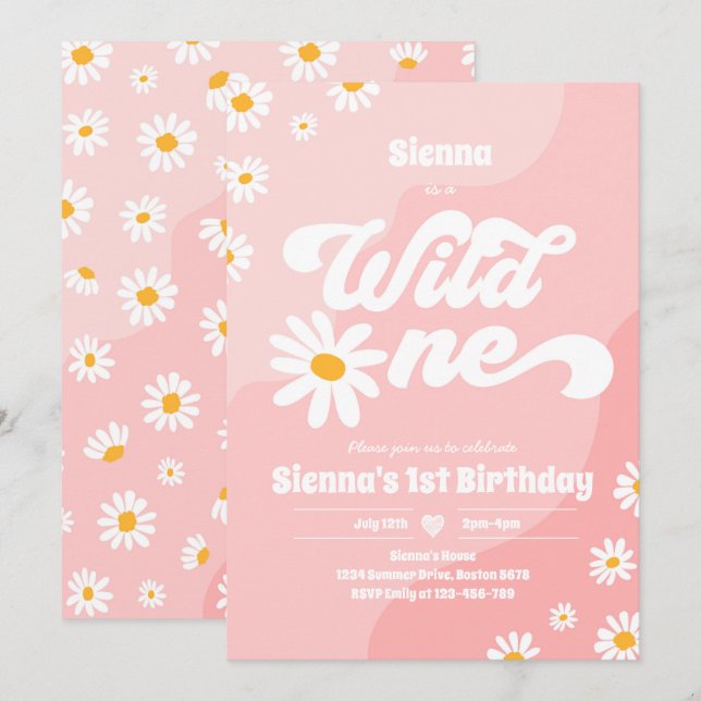 Invitation Wild One 1er anniversaire fête Boho Floral Daisy (Devant / Derrière)