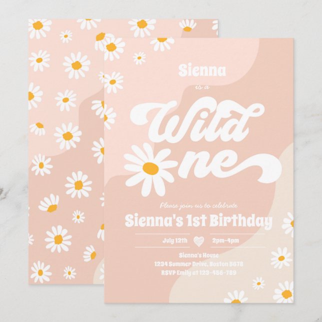 Invitation Wild One 1er anniversaire fête Boho Floral Daisy (Devant / Derrière)