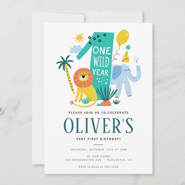 Invitation Wild One 1er anniversaire JUNGLE Lion Safari (Devant)
