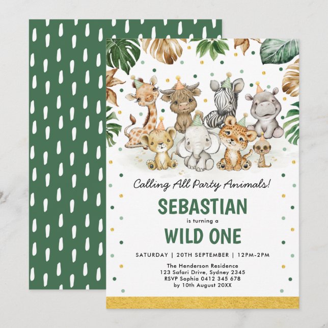 Invitation Wild One 1er anniversaire Jungle Safari Party Anim (Devant / Derrière)