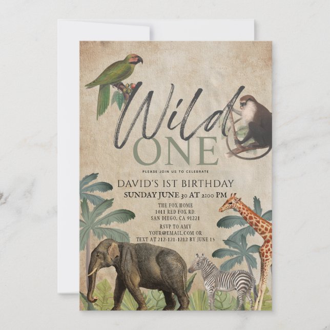 Invitation Wild One African Safari Animaux 1er anniversaire (Devant)
