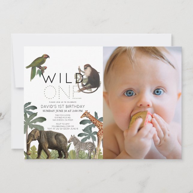 Invitation Wild One African Safari Animaux Photo 1er annivers (Devant)