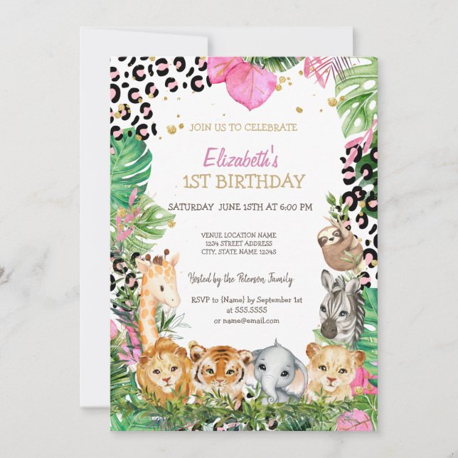 Invitation Wild One Animaux Jungle Feuilles tropicaux 1er (Devant)
