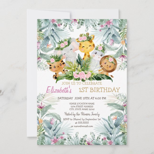 Invitation Wild One Animaux Tropical Floral 1er anniversaire (Devant)