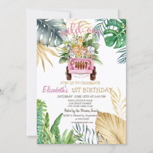 Invitation Wild One Animaux Voiture, Feuilles tropicaux 1er a