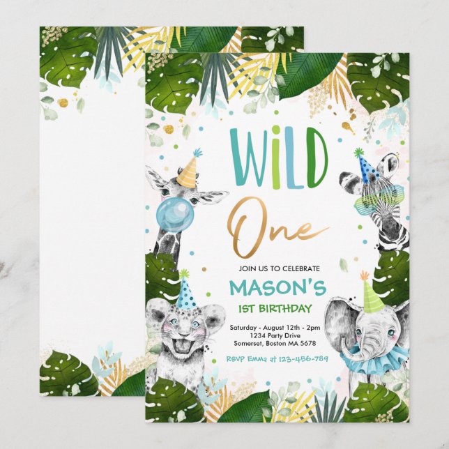 Invitation Wild One Anniversaire Gold Safari Jungle Animation (Devant / Derrière)