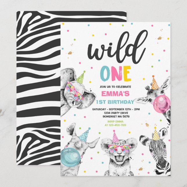 Invitation Wild One Anniversaire Gold Safari Jungle Animation (Devant / Derrière)