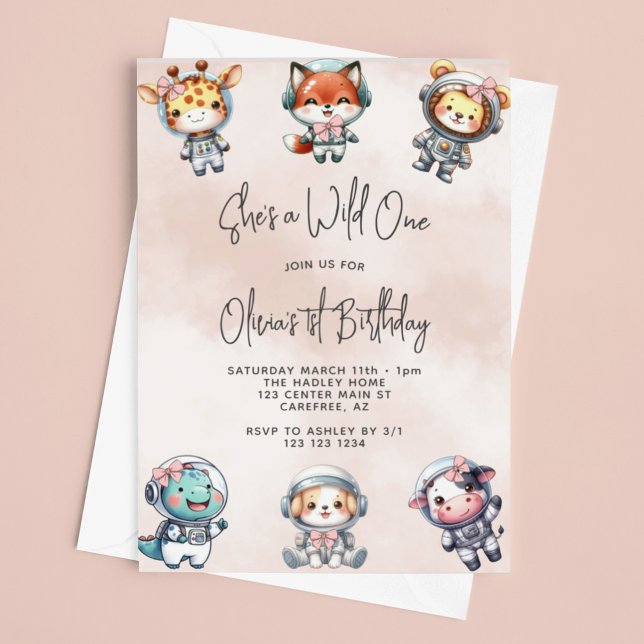 Invitation Wild One Baby Animal Astronauts rose 1er anniversa (Créateur téléchargé)