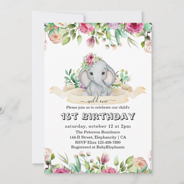Invitation Wild One - Baby Elephant and Flowers 1er anniversa (Devant)