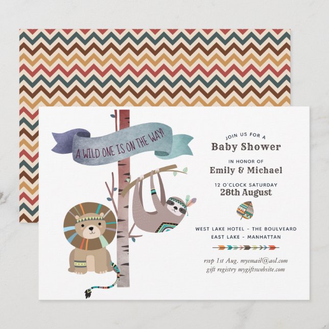 Invitation Wild One Baby shower Tribal Sloth TeePee (Devant / Derrière)
