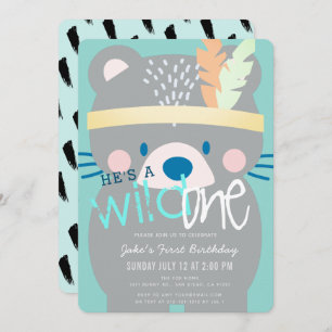Invitation Wild One Bear Boy 1er anniversaire Turquoise