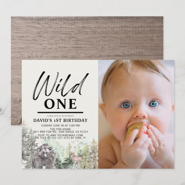Invitation Wild One Bear Forest Mountain 1er Birthday Photo (Devant / Derrière)