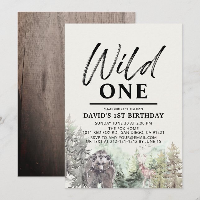 Invitation Wild One Bear Forest Mountain Boy 1er anniversaire (Devant / Derrière)