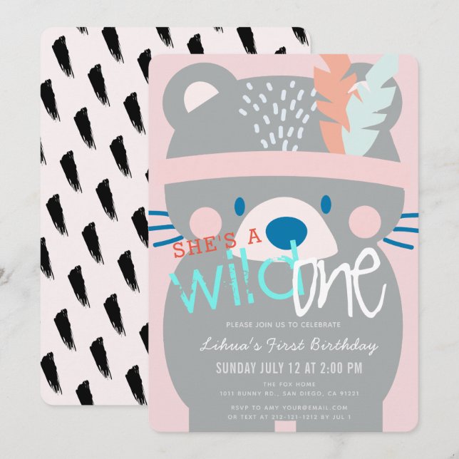 Invitation Wild One Bear Girl rose 1er anniversaire (Devant / Derrière)