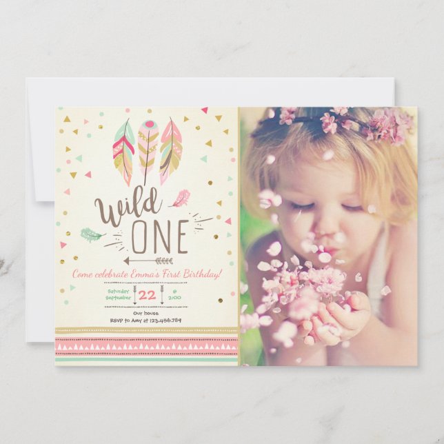 Invitation Wild one Birthday Girl Rose Gold 1st Boho Feathers (Devant)