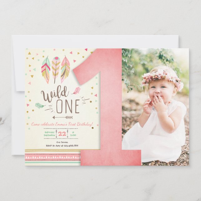 Invitation Wild One Birthday Girl Rose Gold 1st Boho Feathers (Devant)