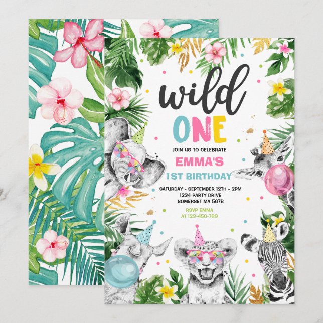 Invitation Wild One Birthday Gold Safari Jungle Animals Party (Devant / Derrière)