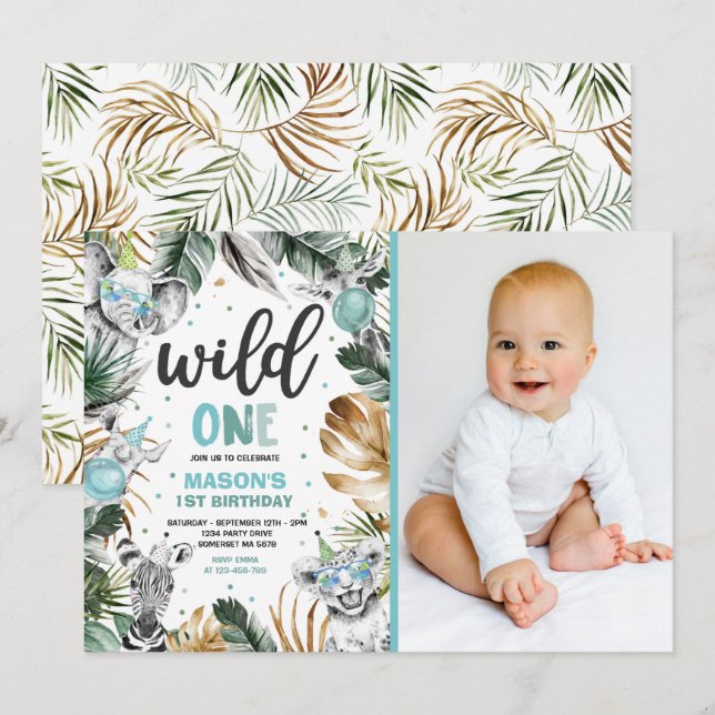 Invitation Wild One Birthday Gold Safari Jungle Animals Party (Devant / Derrière)