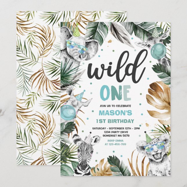 Invitation Wild One Birthday Gold Safari Jungle Animals Party (Devant / Derrière)