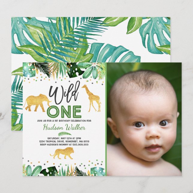 Invitation Wild One Birthday Jungle Animals Party (Devant / Derrière)