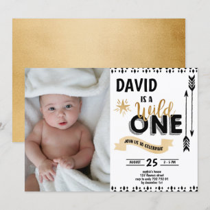 Invitation Wild One Black & Gold Boy 1er Birthday Photo