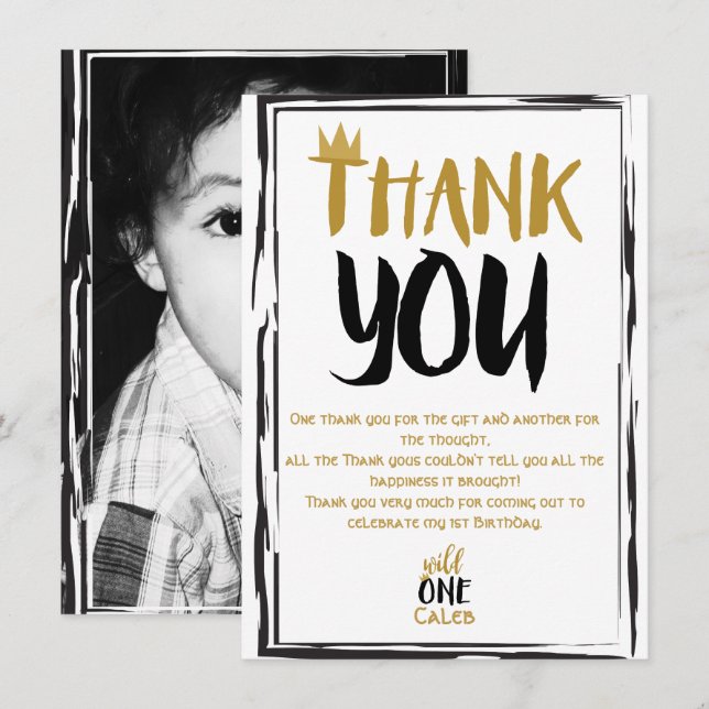 Invitation Wild One Black Gold Photo 1 1er anniversaire Merci (Devant / Derrière)