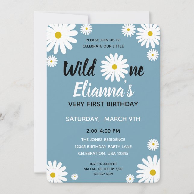 Invitation Wild ONE Blue Daisy Flower Girl Anniversaire (Devant)