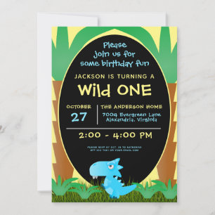 Invitation Wild ONE Blue Dinosaur Garçon 1er anniversaire