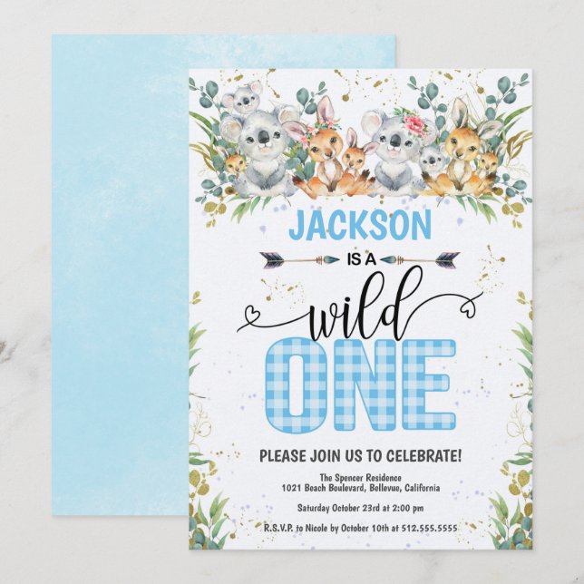 Invitation Wild One Blue En vichy Safari 1er anniversaire (Devant / Derrière)