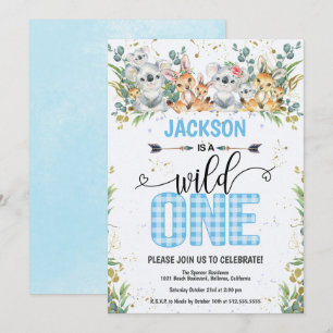 Invitation Wild One Blue En vichy Safari 1er anniversaire